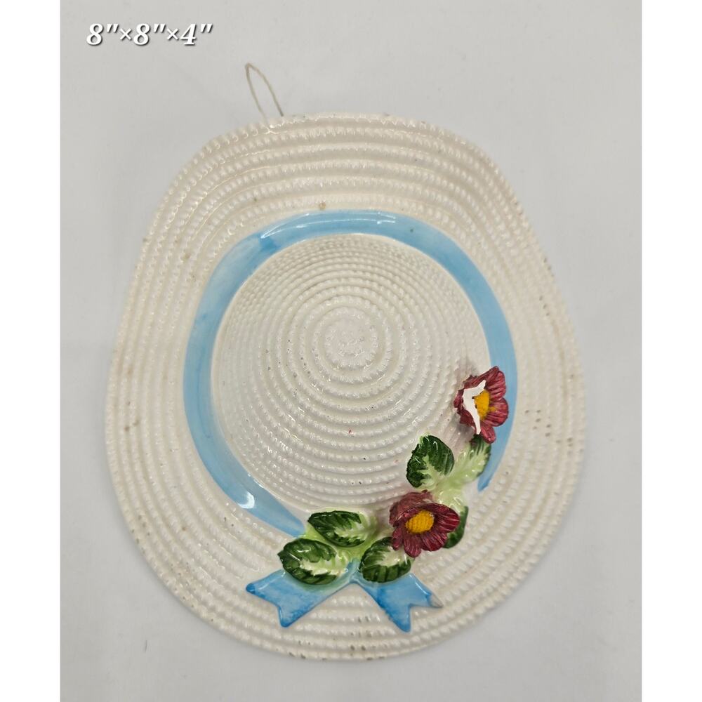 Vintage Ceramic Bonnet Wall Pocket with Blue Ribbon Flowers Cottagecore Coquette